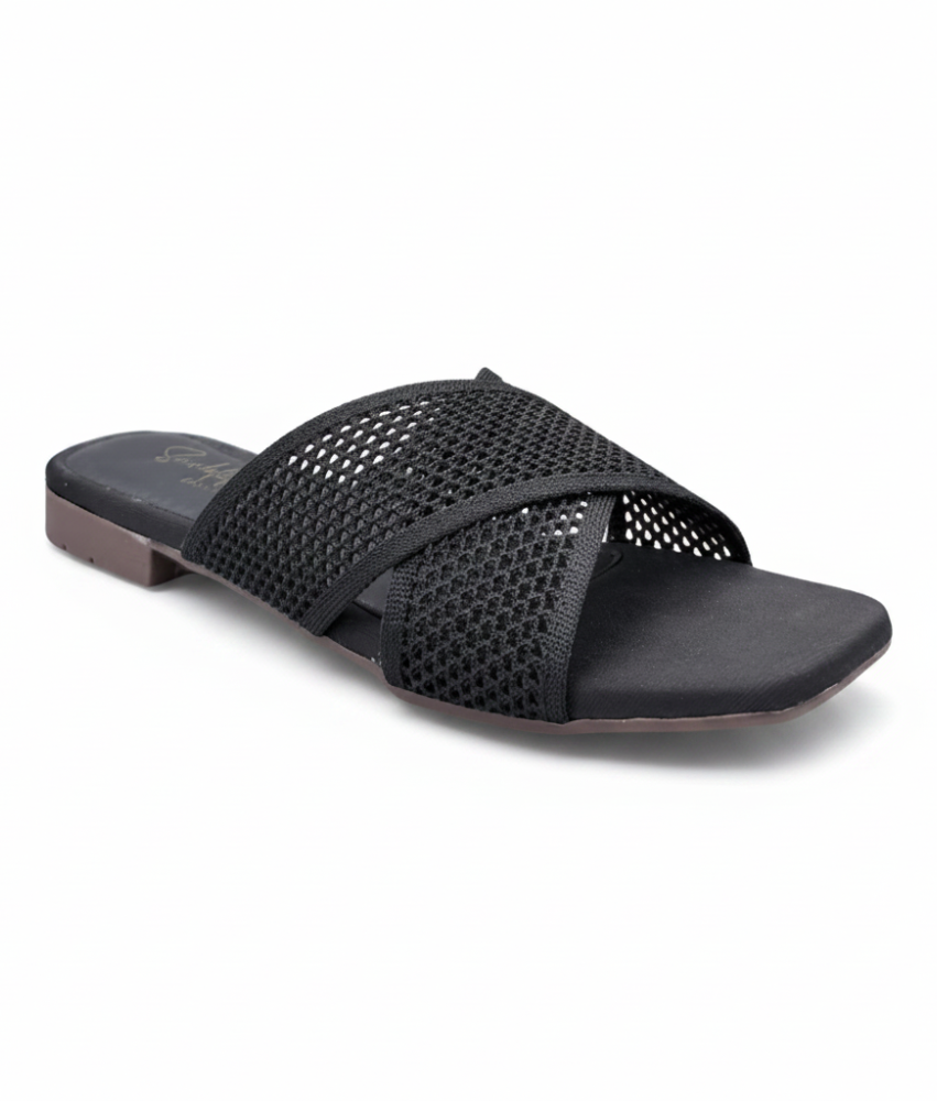 Sandalique FT10052 Black Knitted Cross Strap Flat Slippers