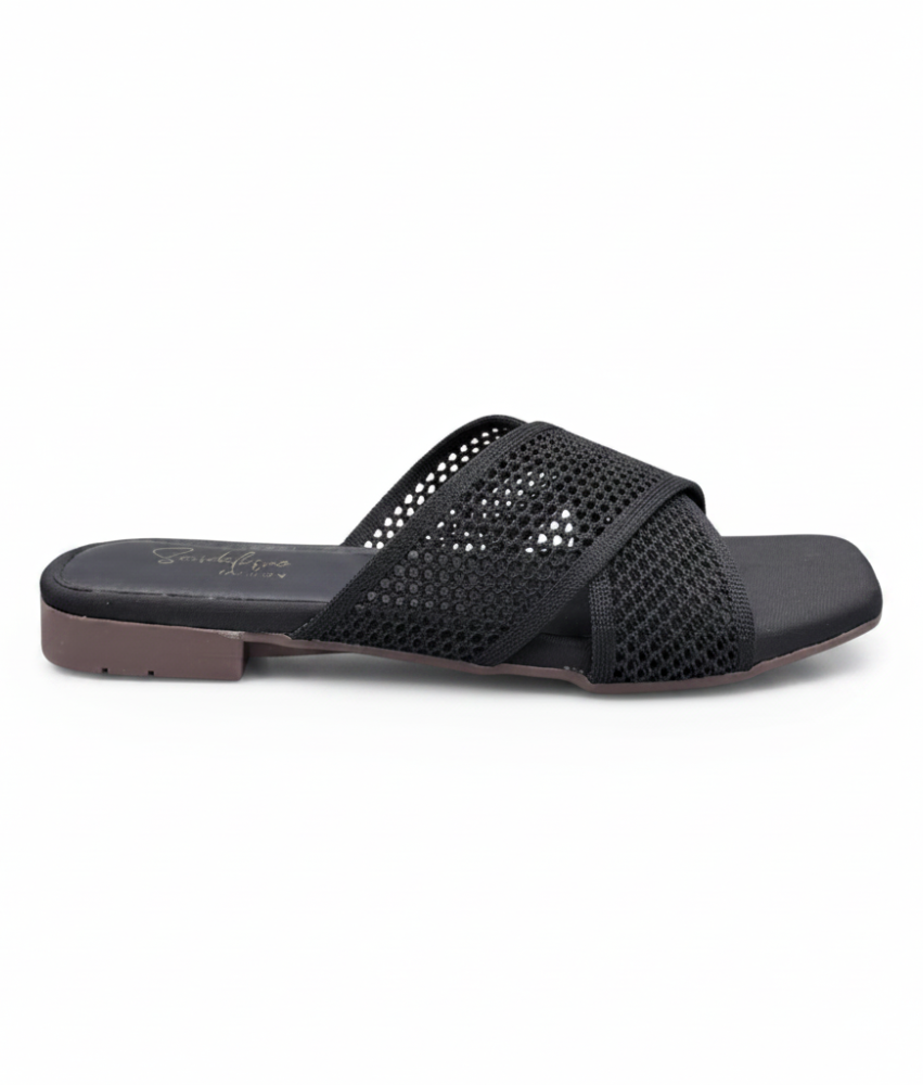 Sandalique FT10052 Black Knitted Cross Strap Flat Slippers
