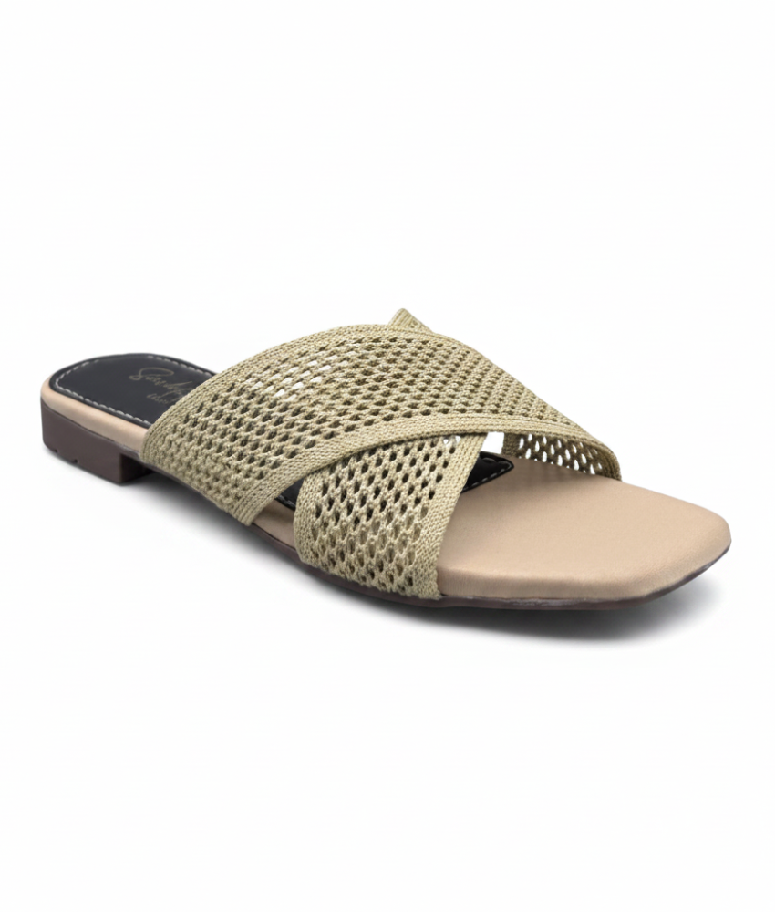 Sandalique FT10052 Mehandi Knitted Cross Strap Flat Slippers