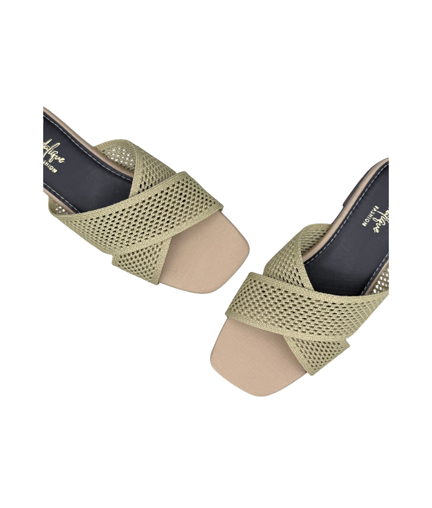 Sandalique FT10052 Mehandi Knitted Cross Strap Flat Slippers
