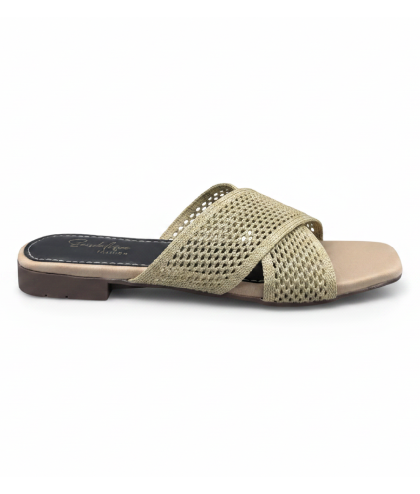 Sandalique FT10052 Mehandi Knitted Cross Strap Flat Slippers