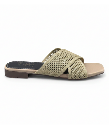 Sandalique FT10052 Mehandi Knitted Cross Strap Flat Slippers
