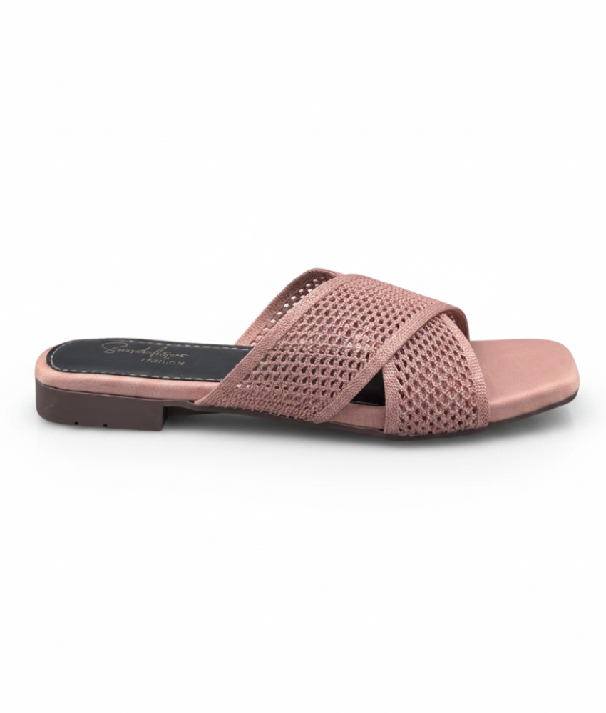 Sandalique FT10052 Mehandi Knitted Cross Strap Flat Slippers