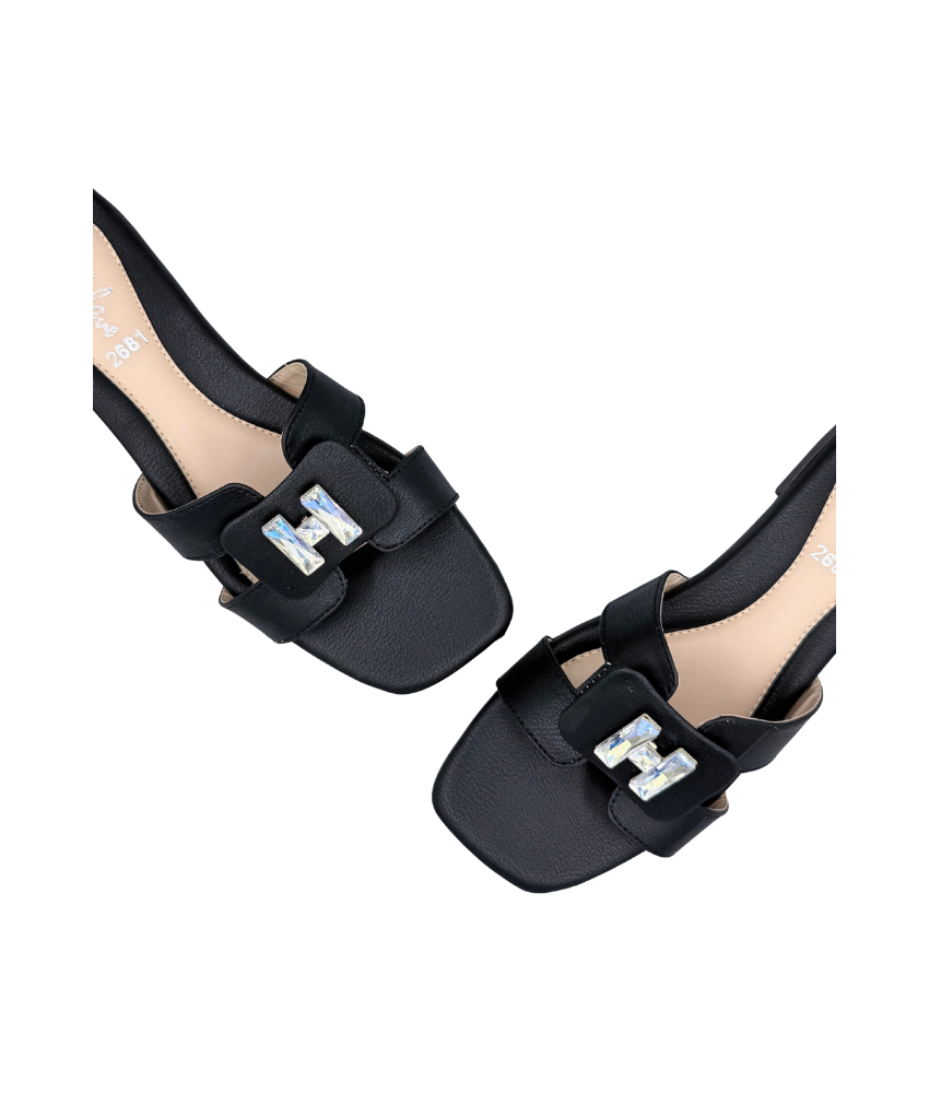 Sandalique FT10053 Black Buckle Accent Cross Strap Flat Slippers