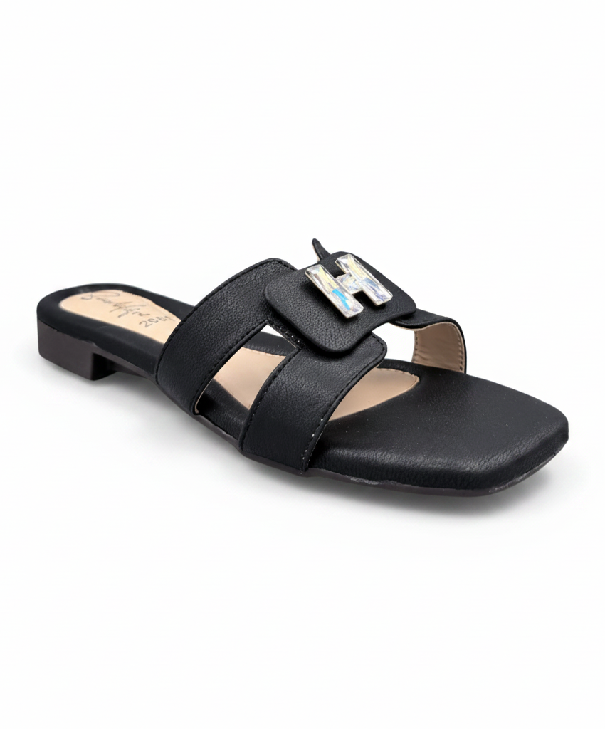 Sandalique FT10053 Black Buckle Accent Cross Strap Flat Slippers