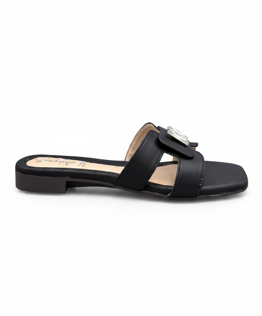 Sandalique FT10053 Black Buckle Accent Cross Strap Flat Slippers