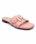 Sandalique FT10053 Pink Buckle Accent Cross Strap Flat Slippers