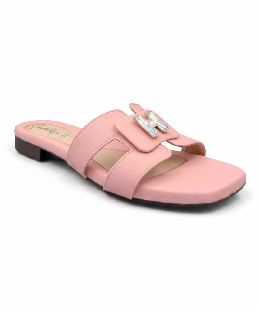 Sandalique FT10053 Pink Buckle Accent Cross Strap Flat Slippers