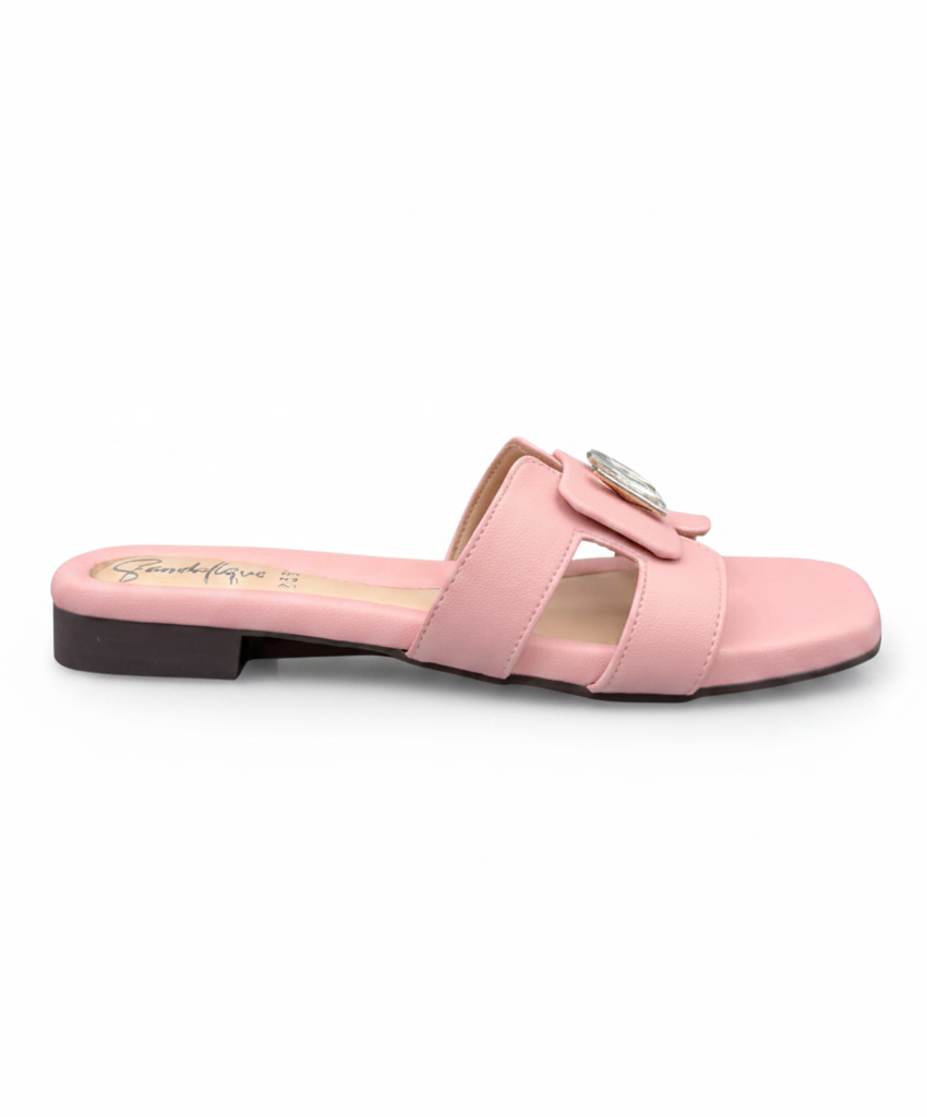 Sandalique FT10053 Pink Buckle Accent Cross Strap Flat Slippers