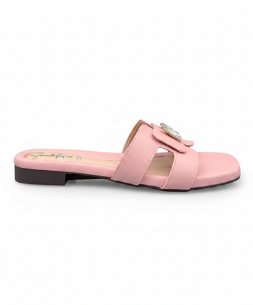 Sandalique FT10053 Pink Buckle Accent Cross Strap Flat Slippers