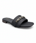 Sandalique FT10054 Black Embellished Buckle Strap Flat Slippers