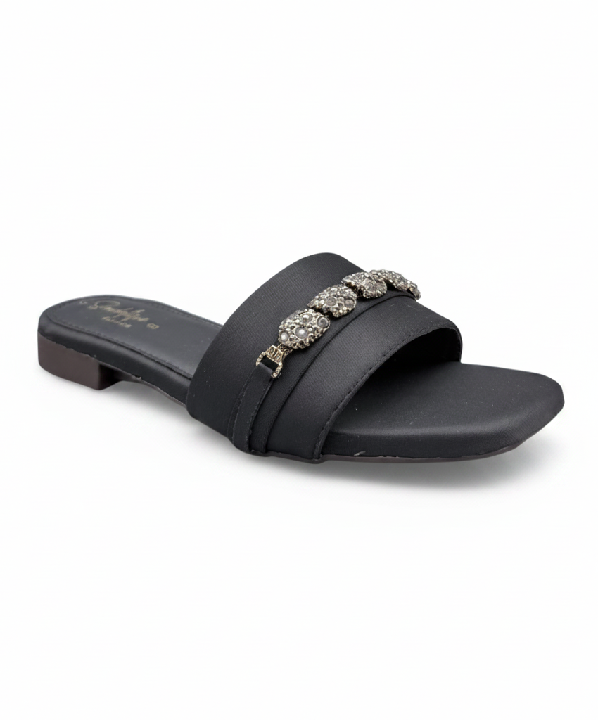 Sandalique FT10054 Black Embellished Buckle Strap Flat Slippers