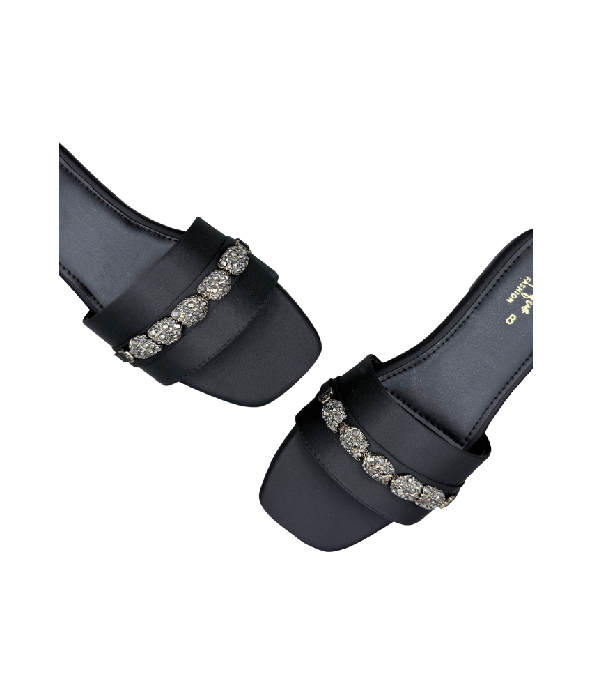 Sandalique FT10054 Black Embellished Buckle Strap Flat Slippers