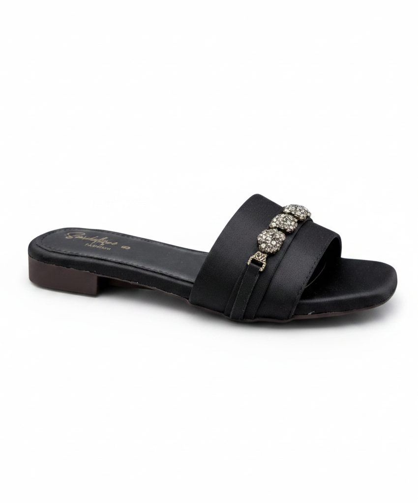 Sandalique FT10054 Black Embellished Buckle Strap Flat Slippers