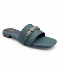 Sandalique FT10054 Bottle Green Embellished Buckle Strap Flat Slippers