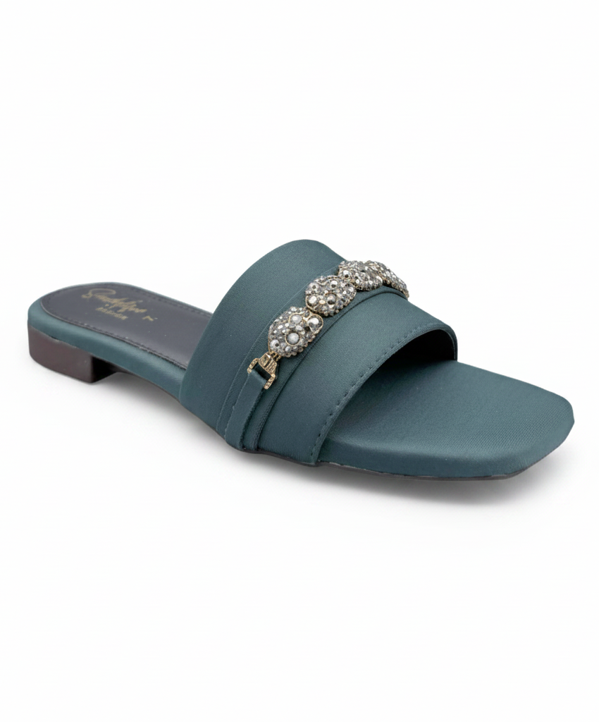 Sandalique FT10054 Bottle Green Embellished Buckle Strap Flat Slippers