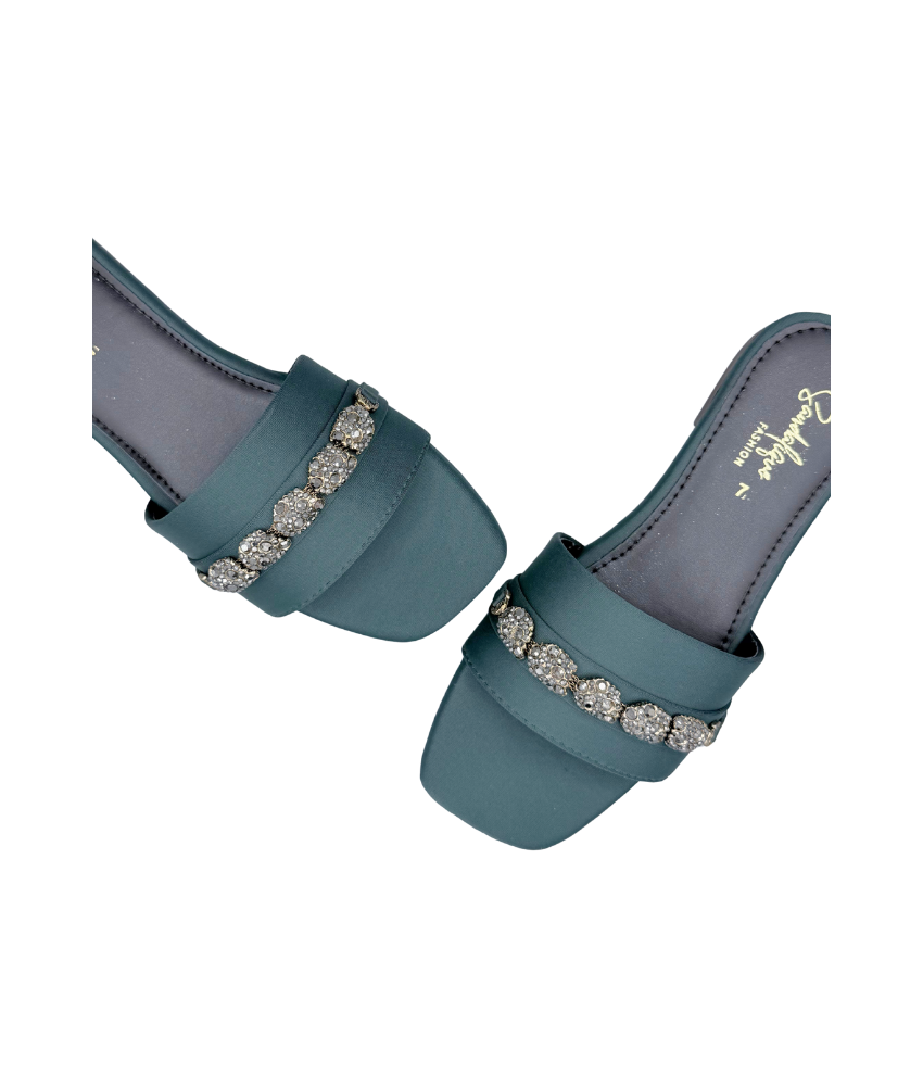 Sandalique FT10054 Bottle Green Embellished Buckle Strap Flat Slippers