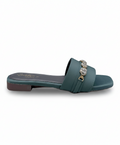 Sandalique FT10054 Bottle Green Embellished Buckle Strap Flat Slippers