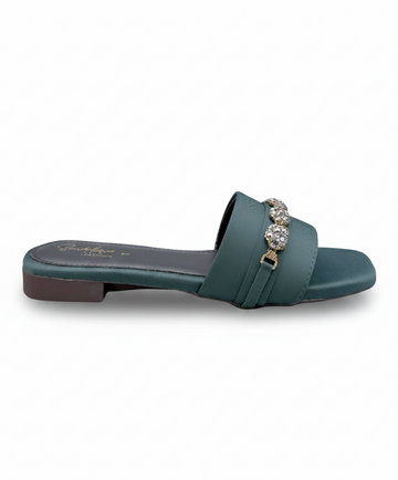 Sandalique FT10054 Bottle Green Embellished Buckle Strap Flat Slippers
