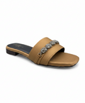 Sandalique FT10054 Mustard Embellished Buckle Strap Flat Slippers