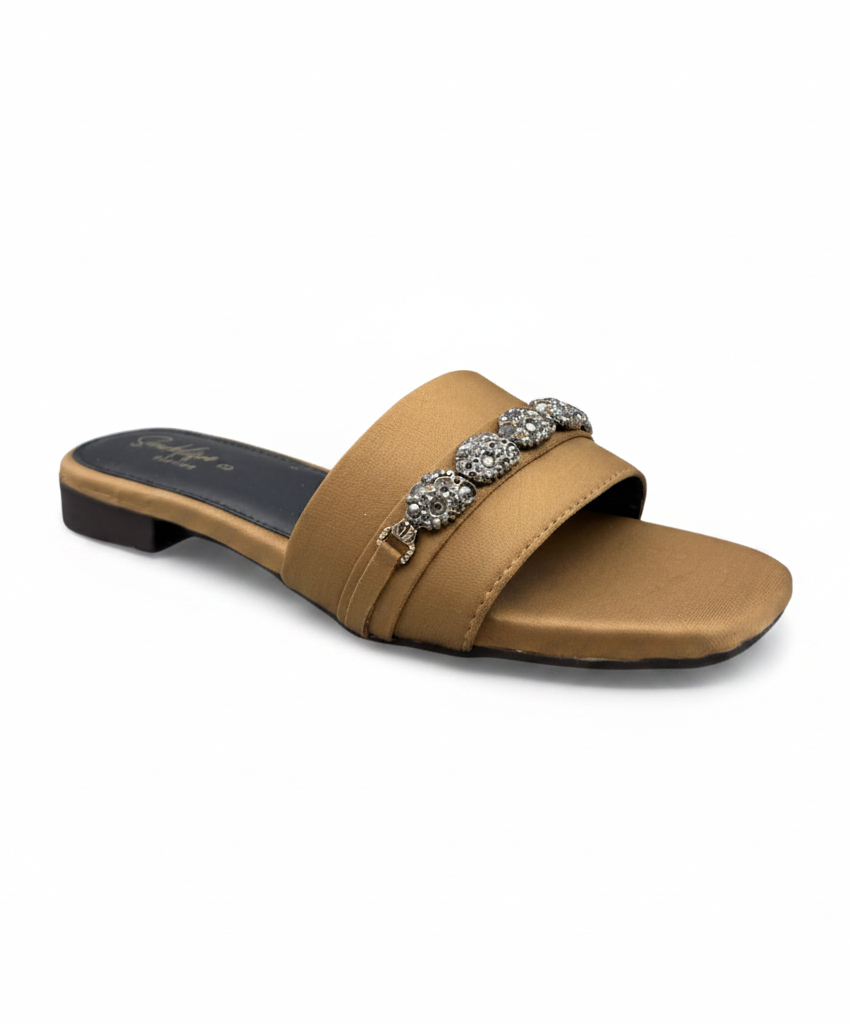 Sandalique FT10054 Mustard Embellished Buckle Strap Flat Slippers