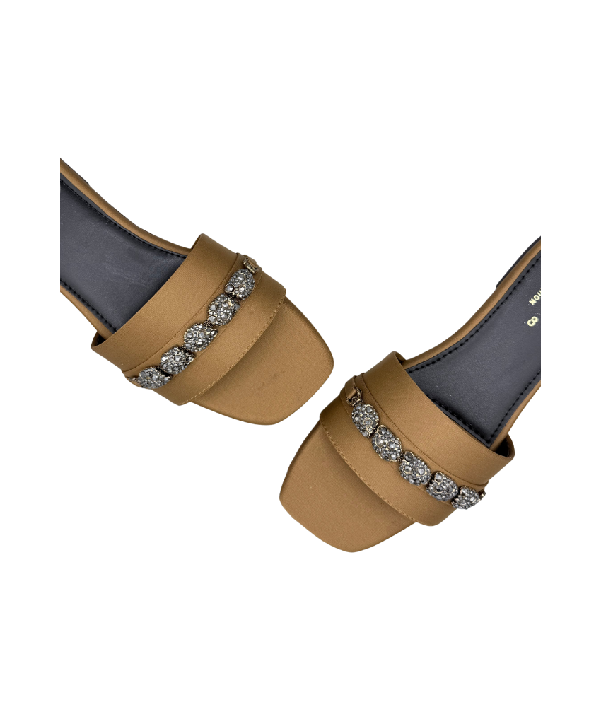 Sandalique FT10054 Mustard Embellished Buckle Strap Flat Slippers