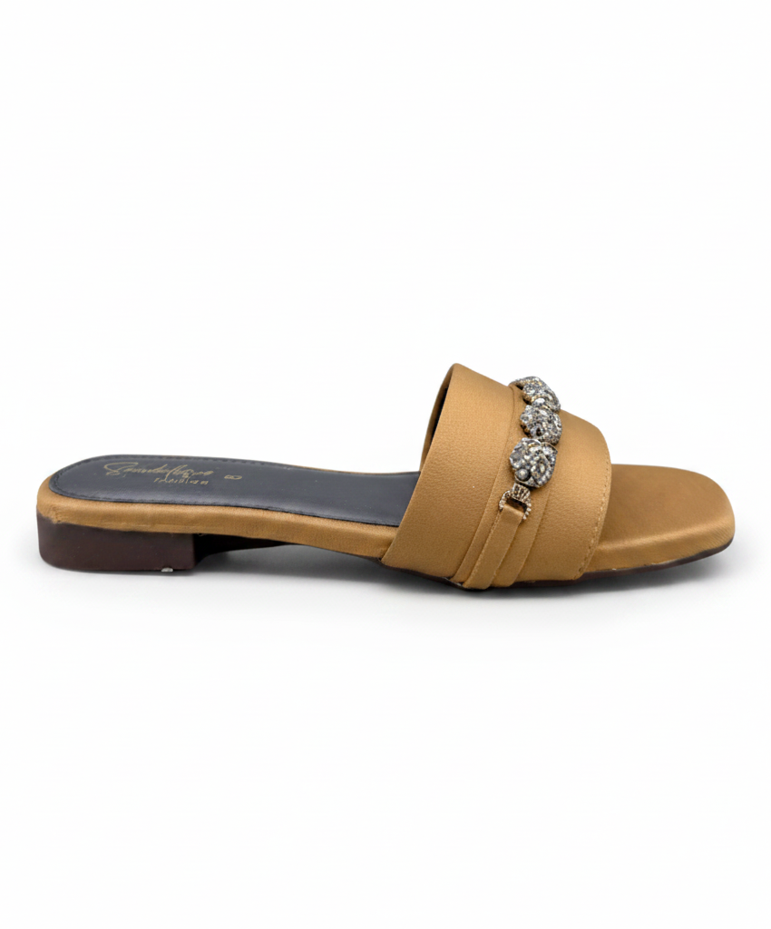 Sandalique FT10054 Mustard Embellished Buckle Strap Flat Slippers