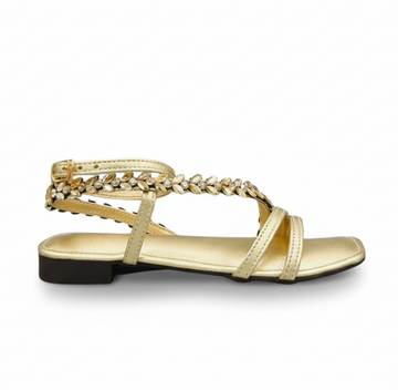 Sandalique FTS10037 Gold Crystal Strap Low Heel Sandals