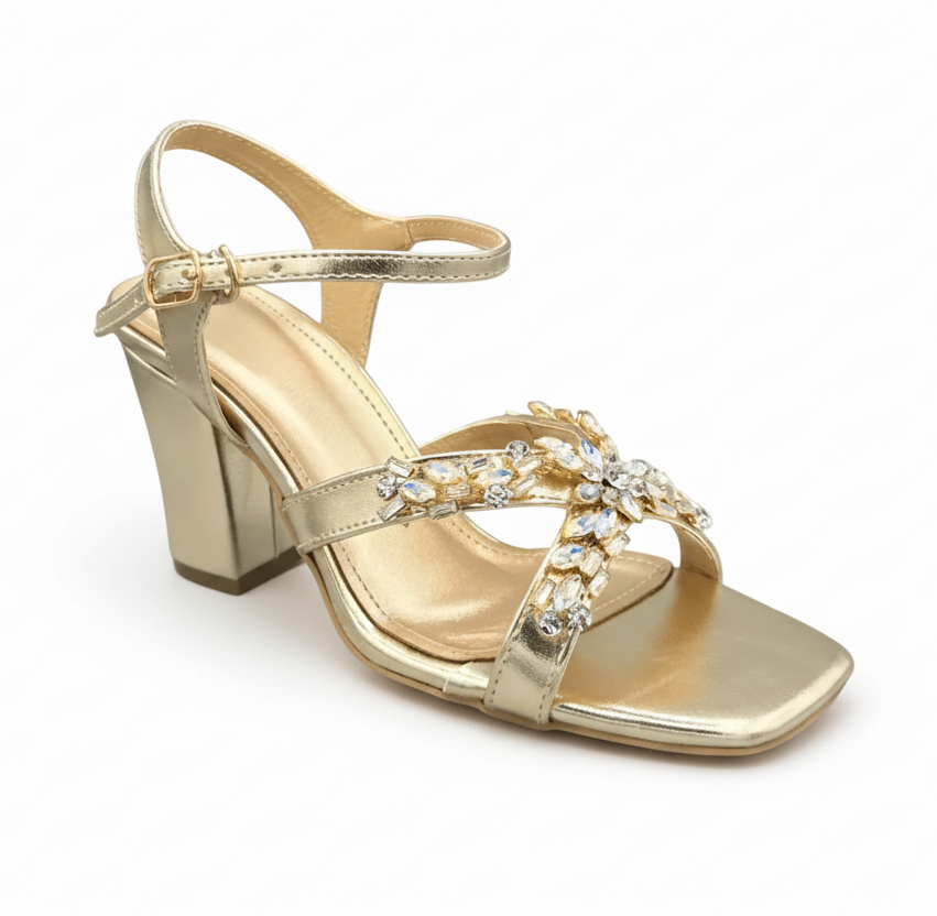 Sandalique HH10017 Gold Shimmer Blossom Party Heels