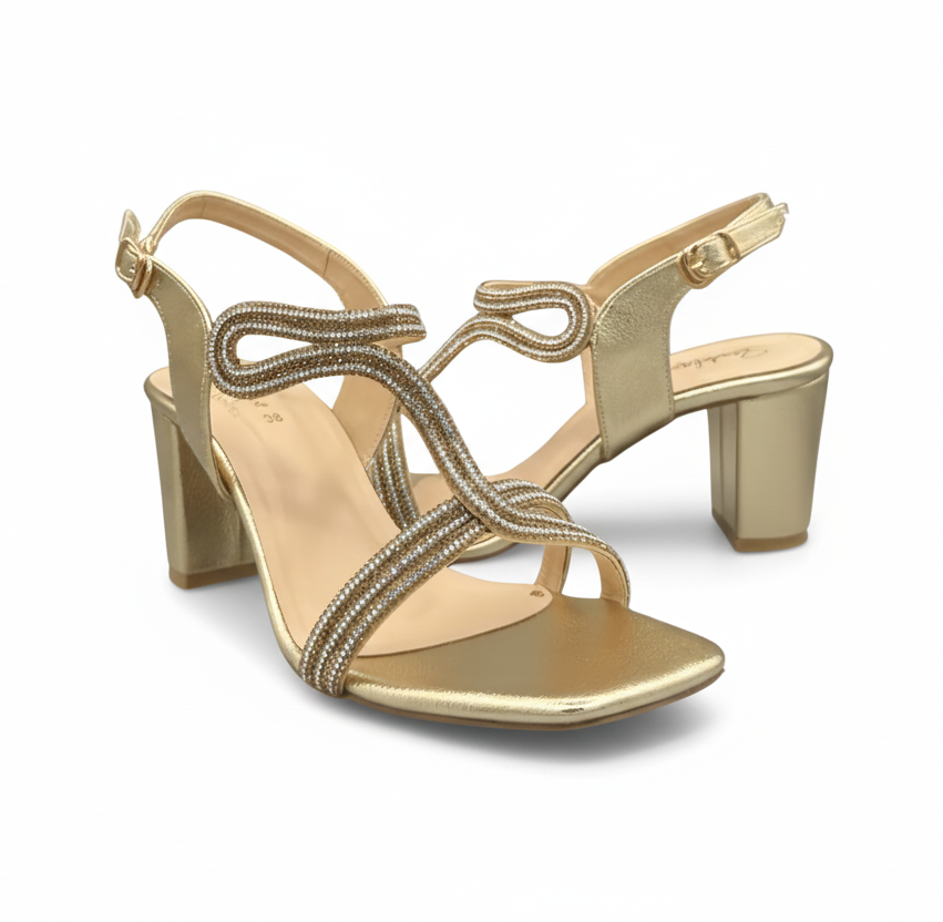 Sandalique HH10023 Gold2 Embellished Block Heel Sandals