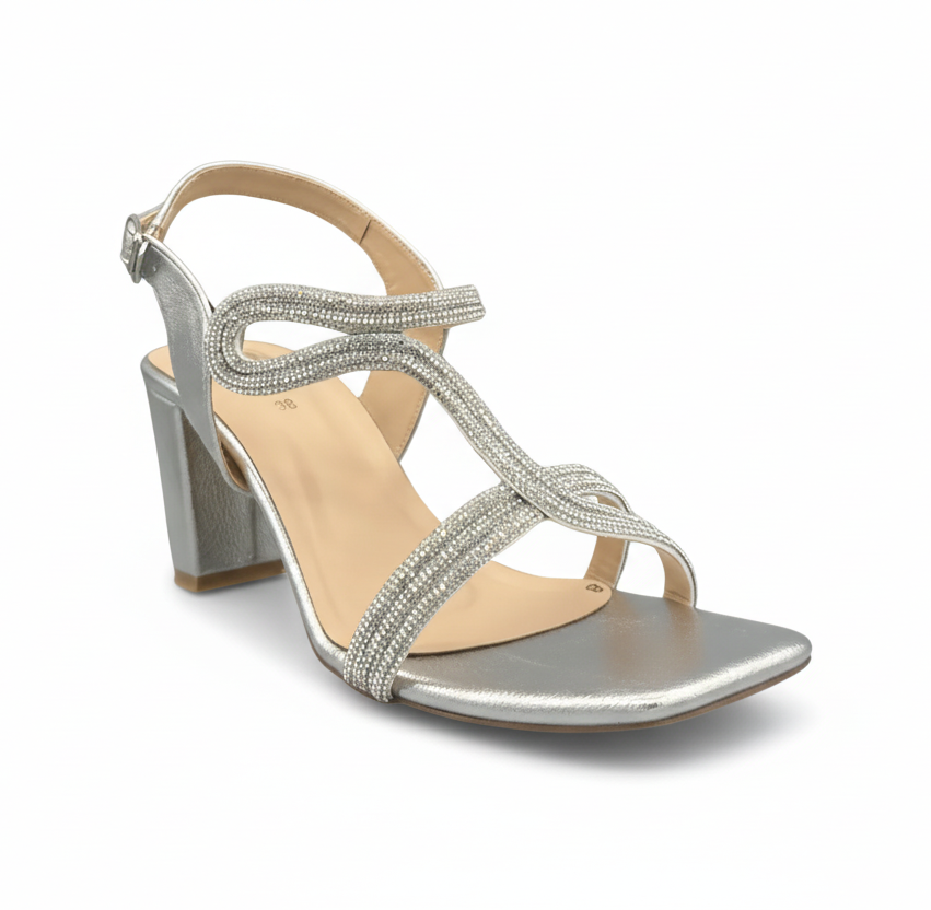 Sandalique HH10023 Silver Embellished Block Heel Sandals