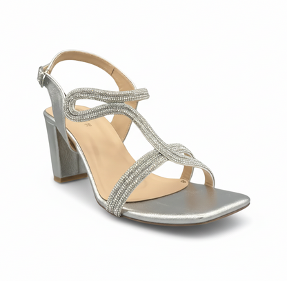 Sandalique HH10023 Silver Embellished Block Heel Sandals