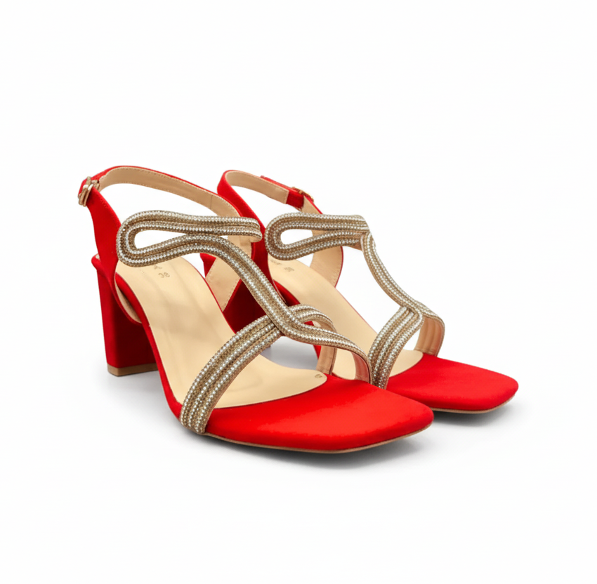 Sandalique HH10023 red1 Embellished Block Heel Sandals