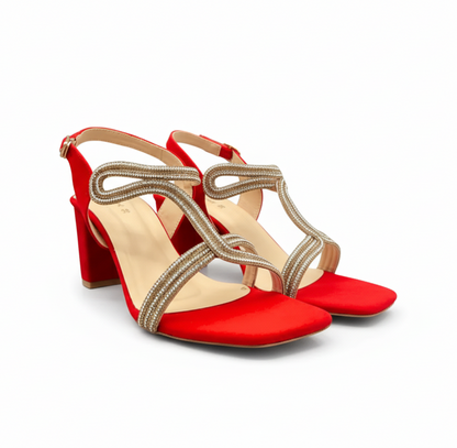 Sandalique HH10023 red1 Embellished Block Heel Sandals