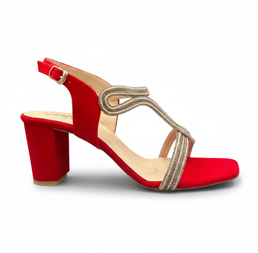 Sandalique HH10023 red2 Embellished Block Heel Sandals