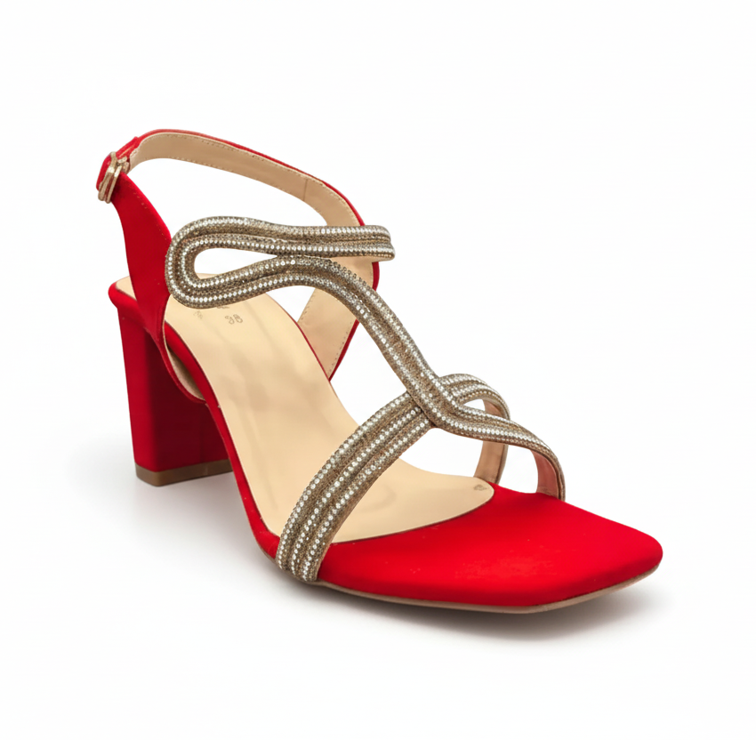 Sandalique HH10023 red Embellished Block Heel Sandals
