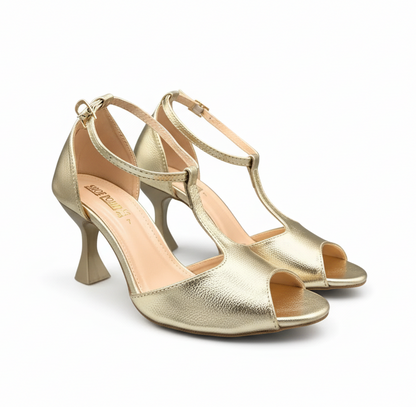Sandalique HH1002 Gold1 Radiant Charm T-Strap Heels