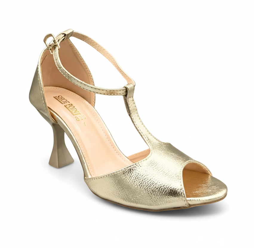 Sandalique HH1002 Gold Radiant Charm T-Strap Heels