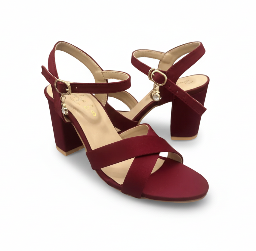 Sandalique HH10033Maroon1 Cross Block Heel Sandal