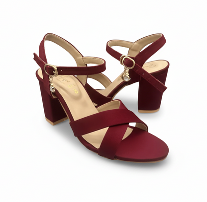 Sandalique HH10033Maroon1 Cross Block Heel Sandal