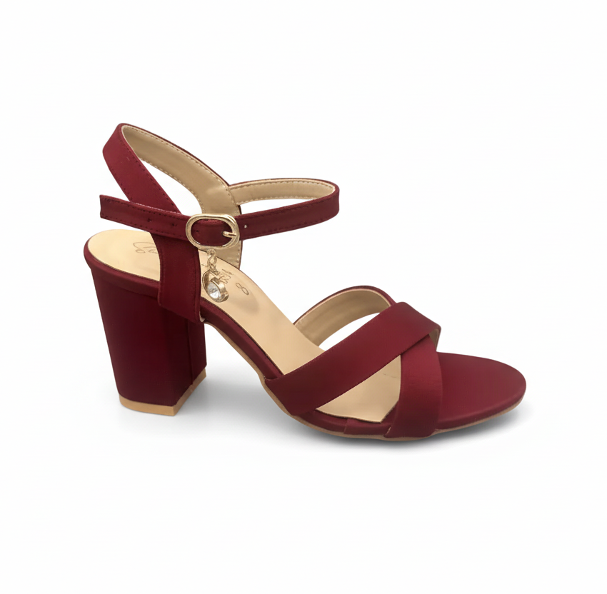 Sandalique HH10033Maroon2 Cross Block Heel Sandal