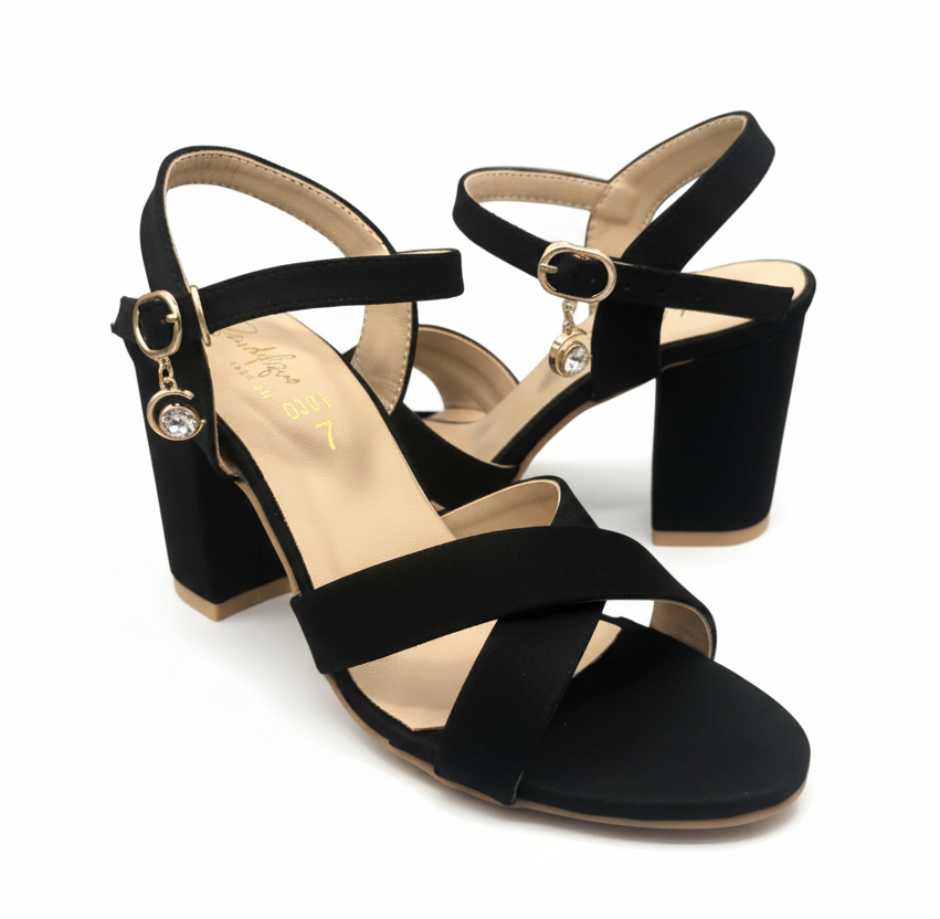 Sandalique HH10033 Black1 Cross Block Heel Sandal