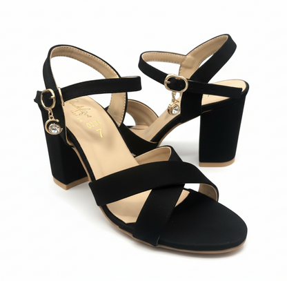 Sandalique HH10033 Black1 Cross Block Heel Sandal