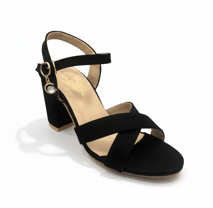 Sandalique HH10033 Black Cross Block Heel Sandal