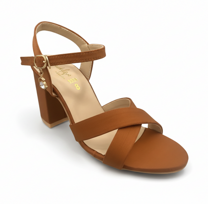 Sandalique HH10033 Brown Cross Block Heel Sandal