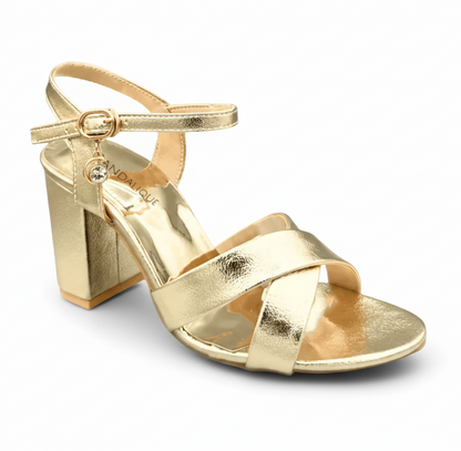 Sandalique HH10033 Gold Cross Block Heel Sandal
