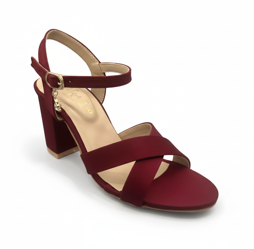 Sandalique HH10033 Maroon Cross Block Heel Sandal