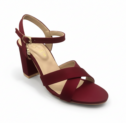 Sandalique HH10033 Maroon Cross Block Heel Sandal
