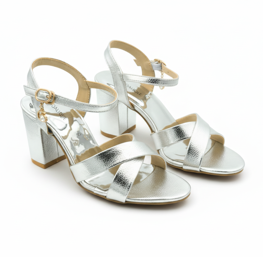 Sandalique HH10033 Silver1 Cross Block Heel Sandal