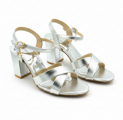 Sandalique HH10033 Silver1 Cross Block Heel Sandal